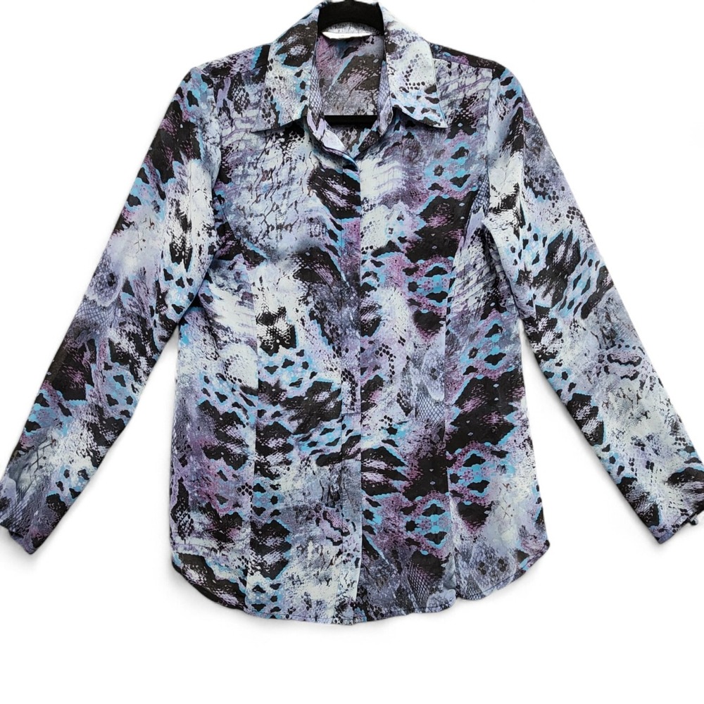 Cabi Blouse Womens Small Blue Purple Snake Python Print Button Up Chiffon Shirt‎